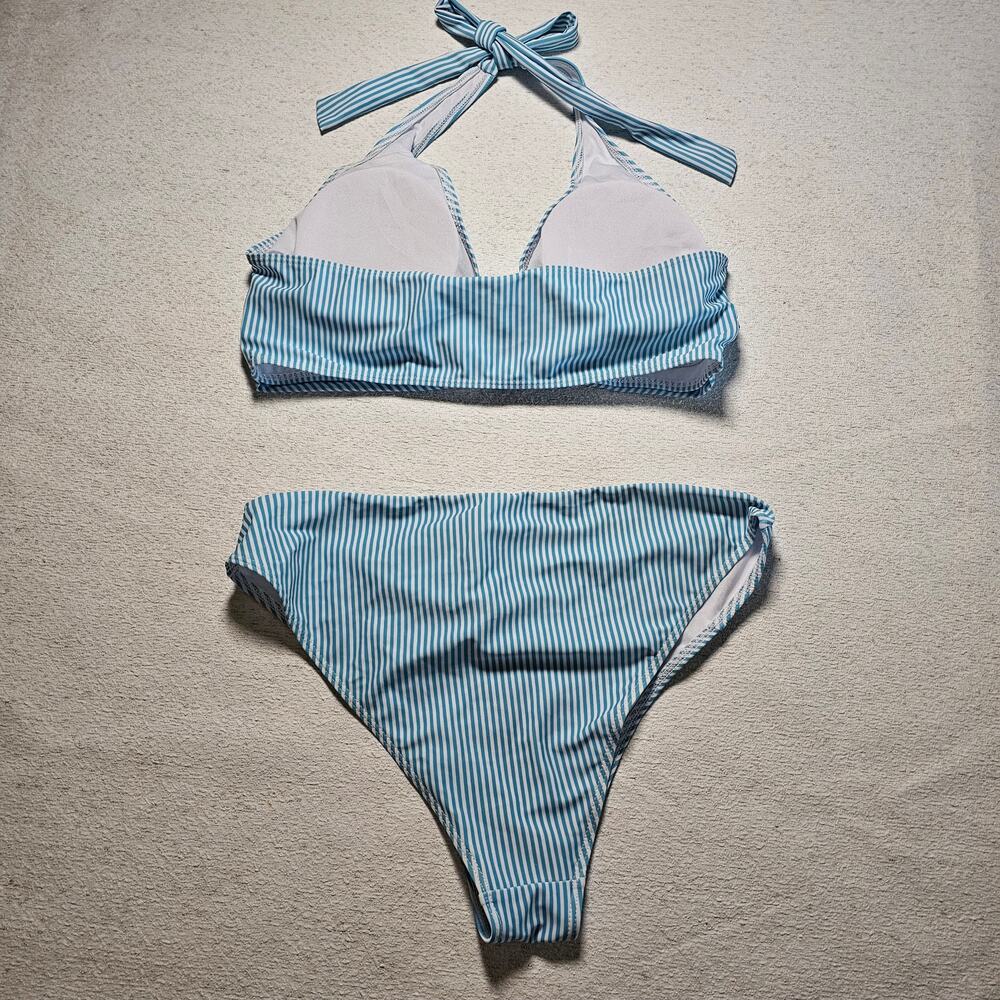 Shein XL Blue White Stripe Bikini Halter Swimwear Beach Vacation Pool Nautical - Picture 3 of 10